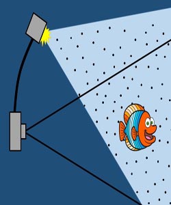 Schéma montrant comment un flash déporté éclaire peu les particules
